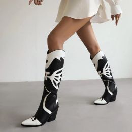 Boots Western Style Shoes Women Cowboy Knee High Boots 8.5CM Wedge Heels Pointy Toe Shoes Patchwork Rivets Decor Booty Custom Colors