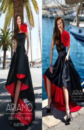 Black and Red Prom Dresses Strapless Ruffles Satin A Line High Low Evening Dresses Floor Length Cheap Formal Party Gowns robe de s7591937