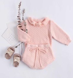 Autumn Pink Knitted Suits Baby Kids Clothes Sets Sweater Girls Sets Ruffles Long Sleeve SweaterPP Short 2Pcs Kids Suits6700295