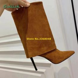 Boots Turn Over Mid Calf Boots Suede Tan Grey Black Stiletto High Heel Winter Women Boot Sexy Pointed Toe Solid Slip On Real Shoes