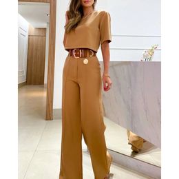 Casual Fashion Women Half Sleeve Crop Tshirt Wide Leg Pants Set Summer Femme Office Lady Two Pieces Suit Workwear Outfits 240315