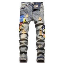 2022 Spring/summer New Trendy and Worn Out Patchwork Mid Waist Men's Denim Pants