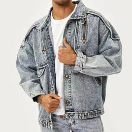 Blue Jean Jackets Mens Fashion Multi Pockets Loose Casual Cotton Vintage Street Cowboy Coats Brand Clothes Denim Jacket Hombre 240309