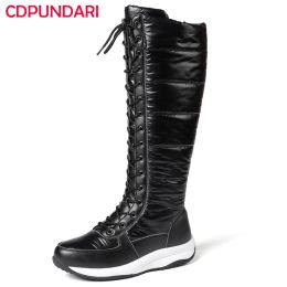 Boots Genuine Leather Patchwork Waterproof Cloth Flat Platform Snow Boots Women Winter Calf Boots Shoes Botas De Invierno Para Mujer