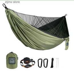 Hammocks Portable Quick Set 290 * 140cm Travel Outdoor Camping Hammock Hanging Sleep Swinging Bed with Mosquito Nets Y240322