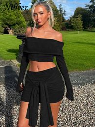 Work Dresses Nibber Autumn Trend Solid Colour Two Piece Set Women Boat Neck Crop Tops Slim Bandage Warp Hip Skirt Female Street Matching