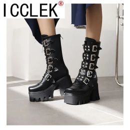 Boots Women Knee High Boots Autumn Winter Lace Up Flat Shoes Sexy Steampunk PU Retro Women Shoes Ladies Snow Boots