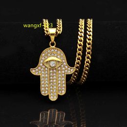 Turkish Evil Eye Hamsa Hand of Fatima Pendant Necklace Gold Stainless Steel Iced Out Pendant Chain Hip Hop Women/Men Jewelry