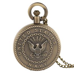 Vintage Bronze Retro United States Badge Military Pocket Watch Quartz Analogue Movement Watches for Men Women Necklace Chain188u