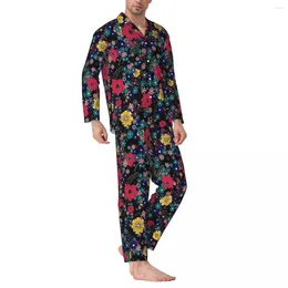 Men's Sleepwear Ditsy Floral Pajamas Set Autumn Red And Yellow Cute Room Women 2 Piece Loose Oversized Design Nightwear Birthday Gift