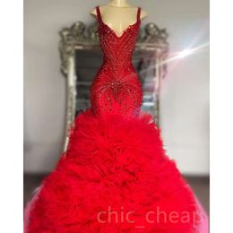 Arabic Red Ebi Aso Mermaid Prom Dress Beaded Crystals Tiers Tulle Evening Formal Party Second Reception Birthday Engagement Gowns Dresses Robe De Soiree Es