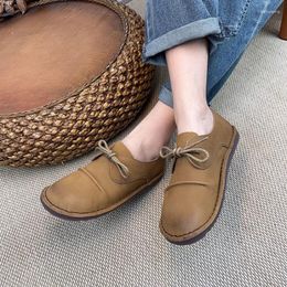 Casual Shoes Women Leather Flats Low Heels Khaki Lace Up Handmade Genuine Spring Fashion 2024 Girls