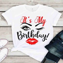 Women's T-Shirt This is my birthday eyelash and lip print shirt womens graphic T-shirt womens queen birthday gift girls party T-shirt summer top tier T-shirt 240323