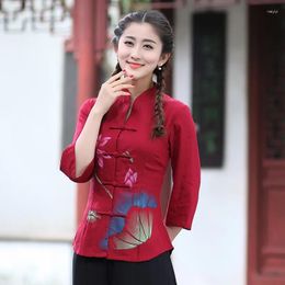 Ethnic Clothing Women Cotton Line Tang Clothes 3/4 Sleeve Cheongsam Tops Female Print Flower Shirt Coat Chinese Style Blouse Hand Button