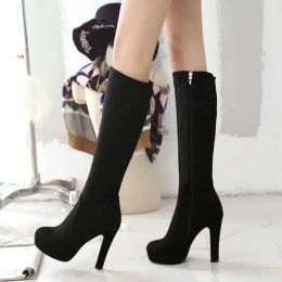 Boots Black Grey Women Flock Square High Heel Knee High Boots Fashion Platform Zipper Boots Autumn Winter Woman Shoes Brown Wine Red