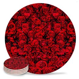 Table Mats Red Rose Flower Wall Round Coffee Kitchen Accessories Absorbent Ceramic Coasters