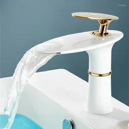 Bathroom Sink Faucets Faucet Waterfall And Cold Washbasin Solid Brass Creative Mixer Deck Mounted White Gold Tap