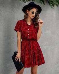 Party Dresses Fashionable Stand-up Collar Button-down Waist Short-sleeve Printed Plaid Dress Lace