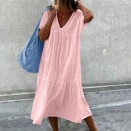 Casual Dresses Summer Solid Colour Cotton Short Sleeve Long Women's Dress Simple Loose Beach Maxi Female Fashion 2024