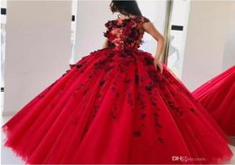 Red Ball Gown Prom Dresses 3D Floral Appliqued Cap Sleeve Evening Gowns Fluffy Tulle Quinceanera Dresses Dubai Evening Wear P7817175