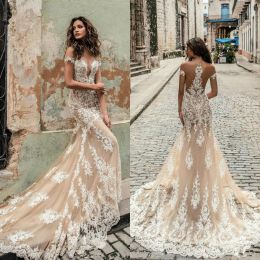 sexy boho wedding gowns short sleeve illusion saudi arabia wedding gowns lace applique sweep train robes de