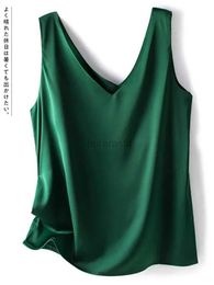 Women's T-Shirt Womens T-shirts elegant SILK satin shirt sleeveless womens 2024 summer casual loose tank and Camis solid green top 240323