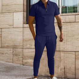 2PcsSet Men Tops Pants Suit Lapel Neck Two Piece Suit Solid Colour Short Sleeve Sportswear Suit Cotton Blend Summer Tracksuit 240315