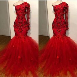 Long Sleeve Red Mermaid Sexy Prom Tulle Lace Ruffle One Shouler Zipper Up Court Train Evening Dresses Pagent Gowns