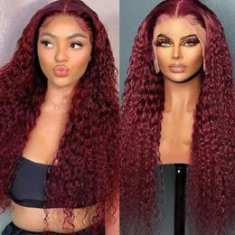 99J Burgundy Deep Wave 13x4 HD Transparent Lace Front Human Hair Wigs for Women Red Coloured Water Curly Frontal Wig Pre Plucked