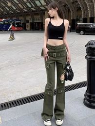 Women's Jeans American Street Style Double Belt Design Solid Colour Multi-pocket Cargo Pants Female Casual Fashion Trend Micro Flare Pant