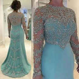 Vintage Mint Green Mermaid Prom Evening Dresses Long Sleeve Beads Crystal Lace Appliqued Bridal Mother Of The Bride Guest Dress