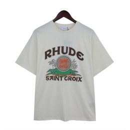 Meichao Rhude New Coconut Tree Emblem Letter Printed Mens and Womens Fashion Brand Loose Short sleeved T-shirt White Top