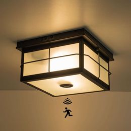 OUPAVOCS Motion Sensor Light, Flush Adjustable Sensor, Dusk to Dawn 2-light Black Outdoor Light Fixture Ceiling Mount with Frosted Glass for Porch