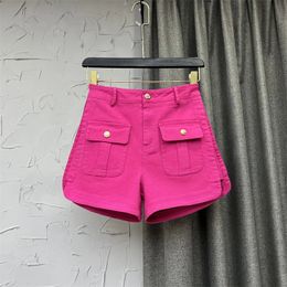 Rose Red High Waist denim Shorts Summer Fashion Split Thin Button All-Match A-line Wide-Leg Cargo Pants Femal Solid Jeans 240322