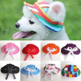 Dog Apparel Pet Sun Hat Outdoor Princess Cap Flower Strip Bow Breathable Mesh Cloth For Small And Medium Dogs