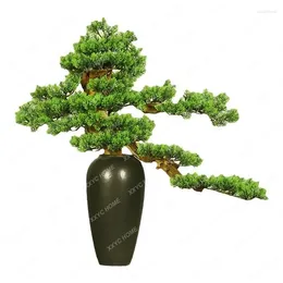 Decorative Flowers Artificial Greeting Pine Bonsai Zen Entrance Decoration Solid Wood Root Carving Art Green Plant