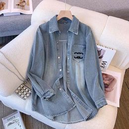 New design women's turn down collar loose long sleeve embroidery denim jeans blouse shirt Two colorsS M L XL