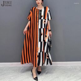 Party Dresses Korean Style O Neck Orange Blue Striped Printed Woman Summer Long Dress Casual Loose Fit Big Size Boho Chic Robe BYND002