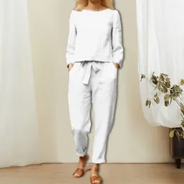 Women's Two Piece Pants Women Shirt Elegant Two-piece Suit With Round Neck Top Elastic Waist Solid Colour Breathable For Sweat Any