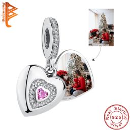 Beads Christmas Gift 925 Sterling Silver Custom Photo Heart Dangle Charm Fit Original Bracelet Necklace Bead For Jewellery Making