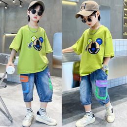 Clothing Sets Boys Summer Short Set Clothes Kids Fashion Cartoon Printed Letter T-shirt Denim Shorts 2 Piece 3-5-8-9-11-15Y