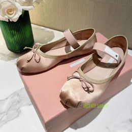 Ballet miui flats fairy bowtie satin ballerinas mm platform bowknot shallow mouth single shoe flat sandals womens paris designer classic dancing shoes