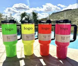 Neon Pink Electric Pink 40oz Tumbler Yellow Orange Neon Green QUENCHER H2.0 Stainless Steel Tumblers Cups with Silicone Handle Lid and Straw Cosmo Pink Car Mugs