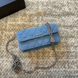 Womens Designer Denim Dark Blue Camellia Vanity Bags With Crush Heat Beads Silver Metal Chain Crossbody Shoulder Phone Holder Makeup Cosmetic Case Handbags 18X10CM
