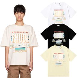 24 New American Fashion Brand RHUDE Yacht Print High Quality Double Yarn Pure Cotton Loose Short sleeved T-shirt for Men and Women Students T