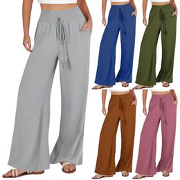 Women's Pants 2024 Solid Wide Leg Palazzo Cotton Linen Drawstring Elastic Waist Loose Casual Trousers Summer Beach Boho For Women