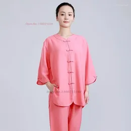 Ethnic Clothing 2024 Chinese Vintage Tai Chi Kungfu Performance Tops Pants Set Martial Arts Cotton Linen Uniform Team