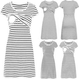 2023 Pregnancy Dres Oneck Pregnant Nursing Maternity Short Sleeve Stripe Summer Dress Camisa De Dormir Maternidade 240309