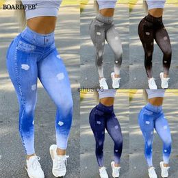 Women's Jeans Womens artificial denim legs high waisted jeans ultra-thin elastic seamless tight sports pencil pants womens exercise running pantsL2403