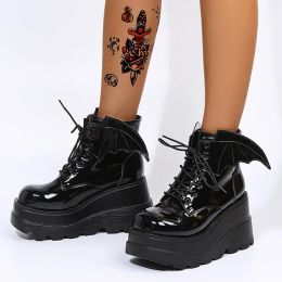 Boots 2022 Gothic Fashion Lolita Cosplay Women Boots Punk Street Cool Black Wings Platform Wedge Heel Lace Up Woman Shoes Big Size 43